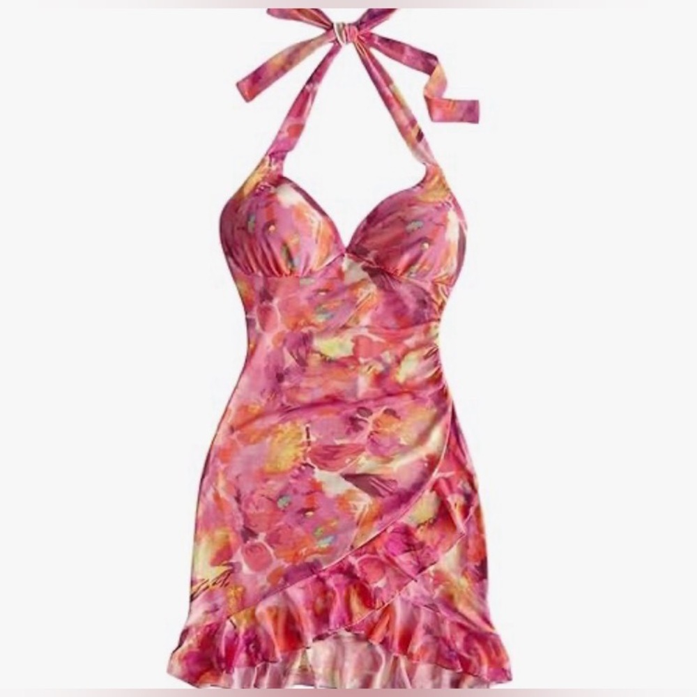 NEW Watercolor Halter Backless Ruffle Trim Bodycon Mini Dress S